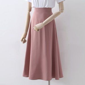 Pink Midi Skirt Ice Silk A-Line Elastic Waist, Size S